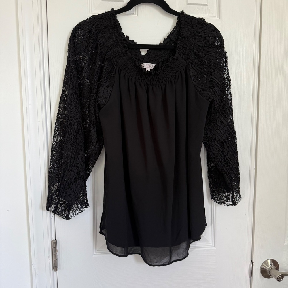 Nanette Lepore Black Lace Bell Sleeve Smocked Off Shoulder‎ Boho Blouse Lg EUC